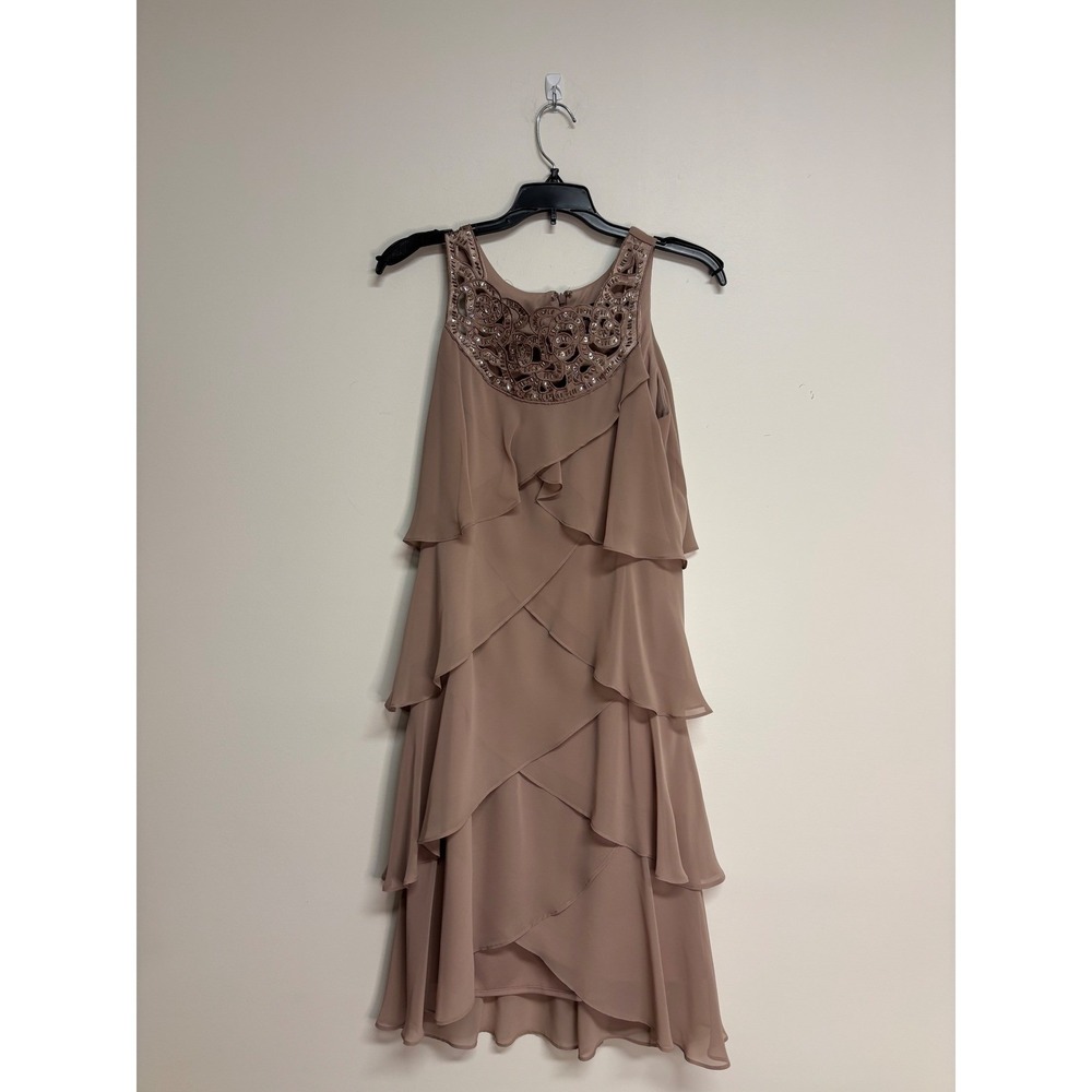 S.L. Fashions Beige Beaded Neck‎ Tiered Cocktail Midi Dress, Women's Sz 6